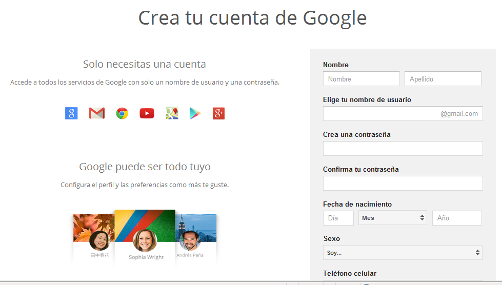 Sitio para registrar un correo de Gmail