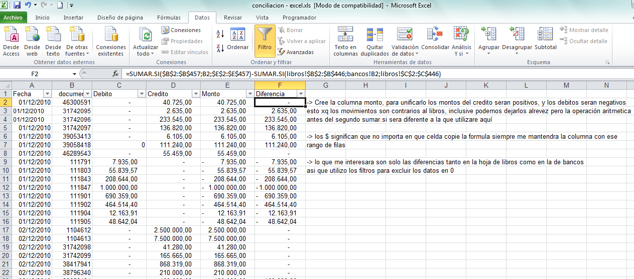 Conciliacion usando formulas de excel