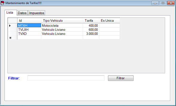 Mantenimiento de Tarifas, software para estacionamientos